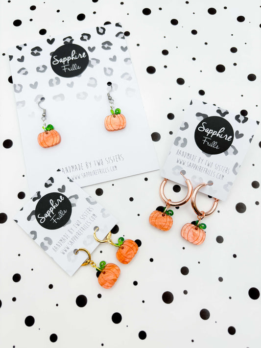 Small Orange and Green Glitter Marble Acrylic Pumpkin Dangle Earrings or Necklace – Hypoallergenic Stainless Steel