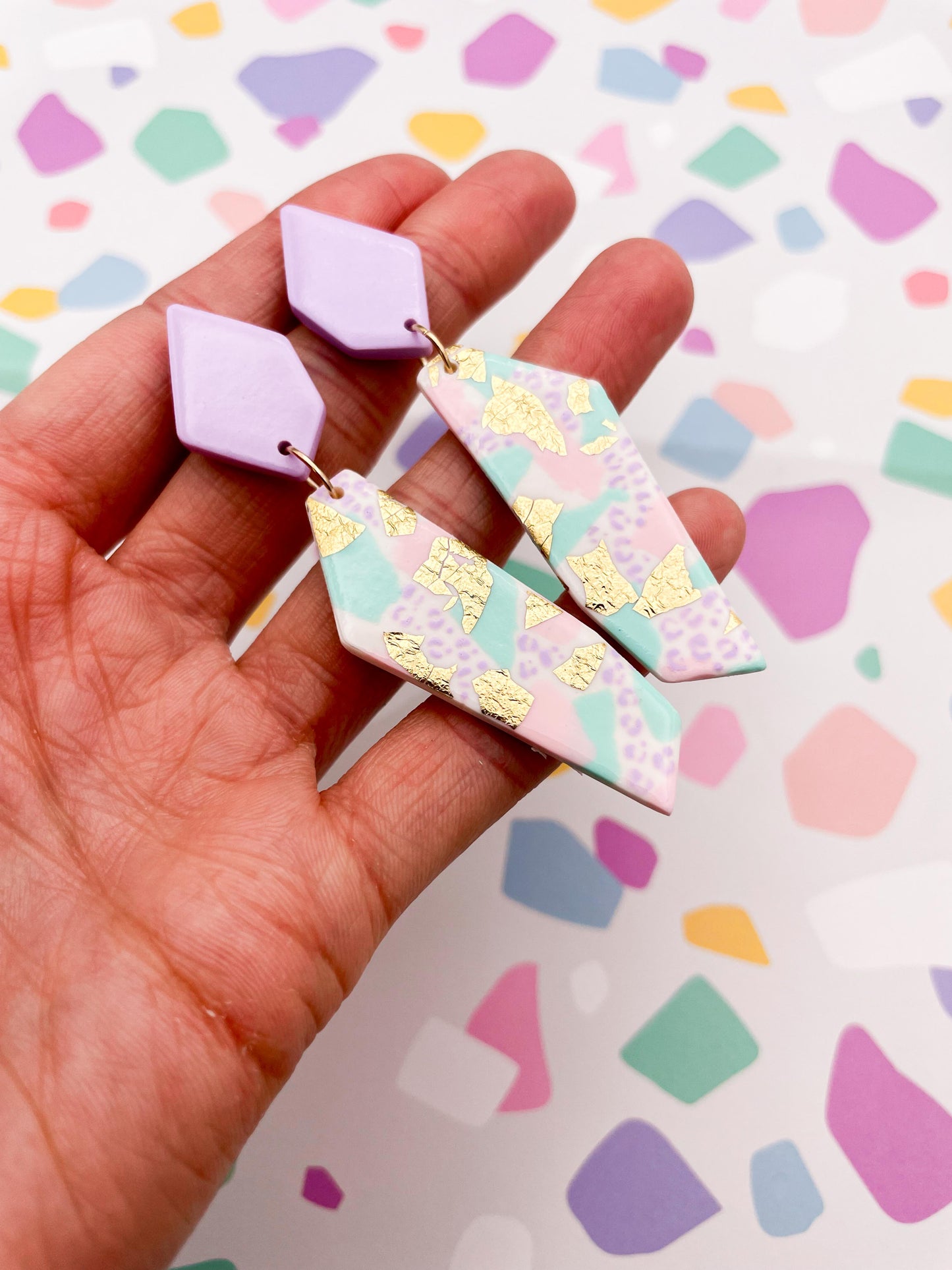 Pastel Terrazzo Jungle Leopard & Champagne Foil Stone Dangle Earrings