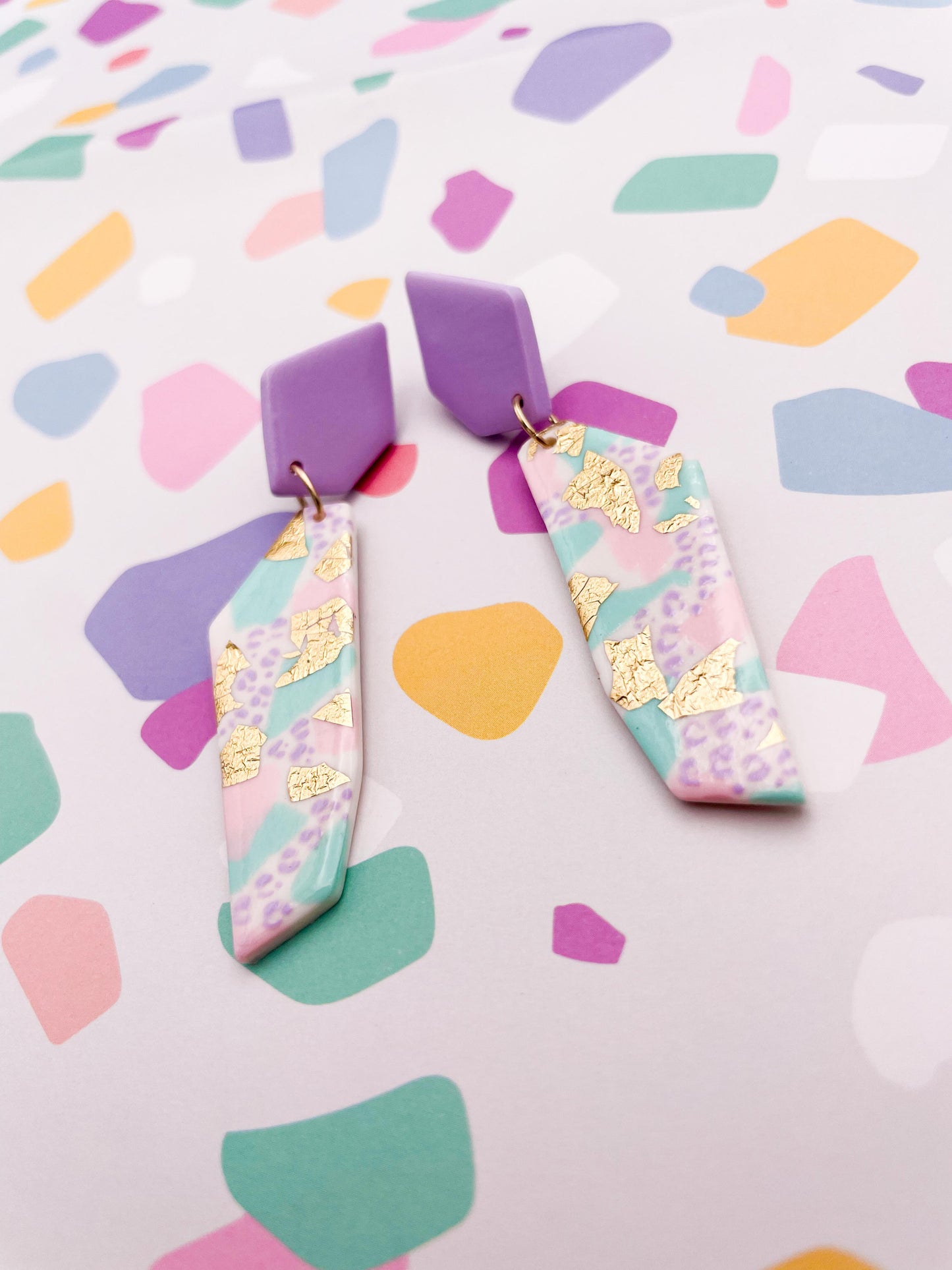 Pastel Terrazzo Jungle Leopard & Champagne Foil Stone Dangle Earrings
