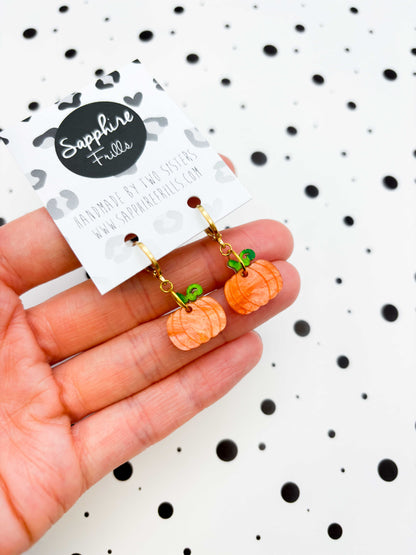 Small Orange and Green Glitter Marble Acrylic Pumpkin Dangle Earrings or Necklace – Hypoallergenic Stainless Steel