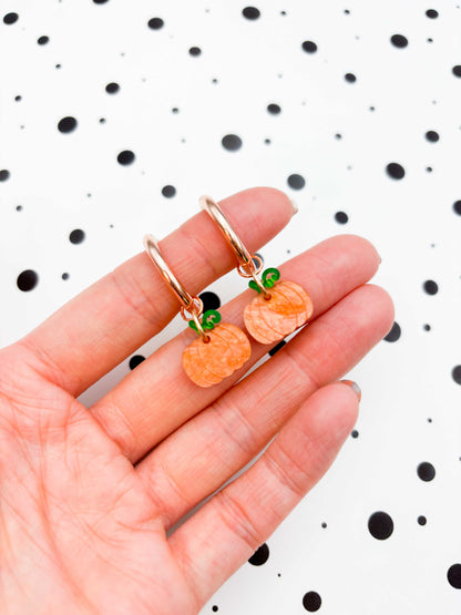 Small Orange and Green Glitter Marble Acrylic Pumpkin Dangle Earrings or Necklace – Hypoallergenic Stainless Steel