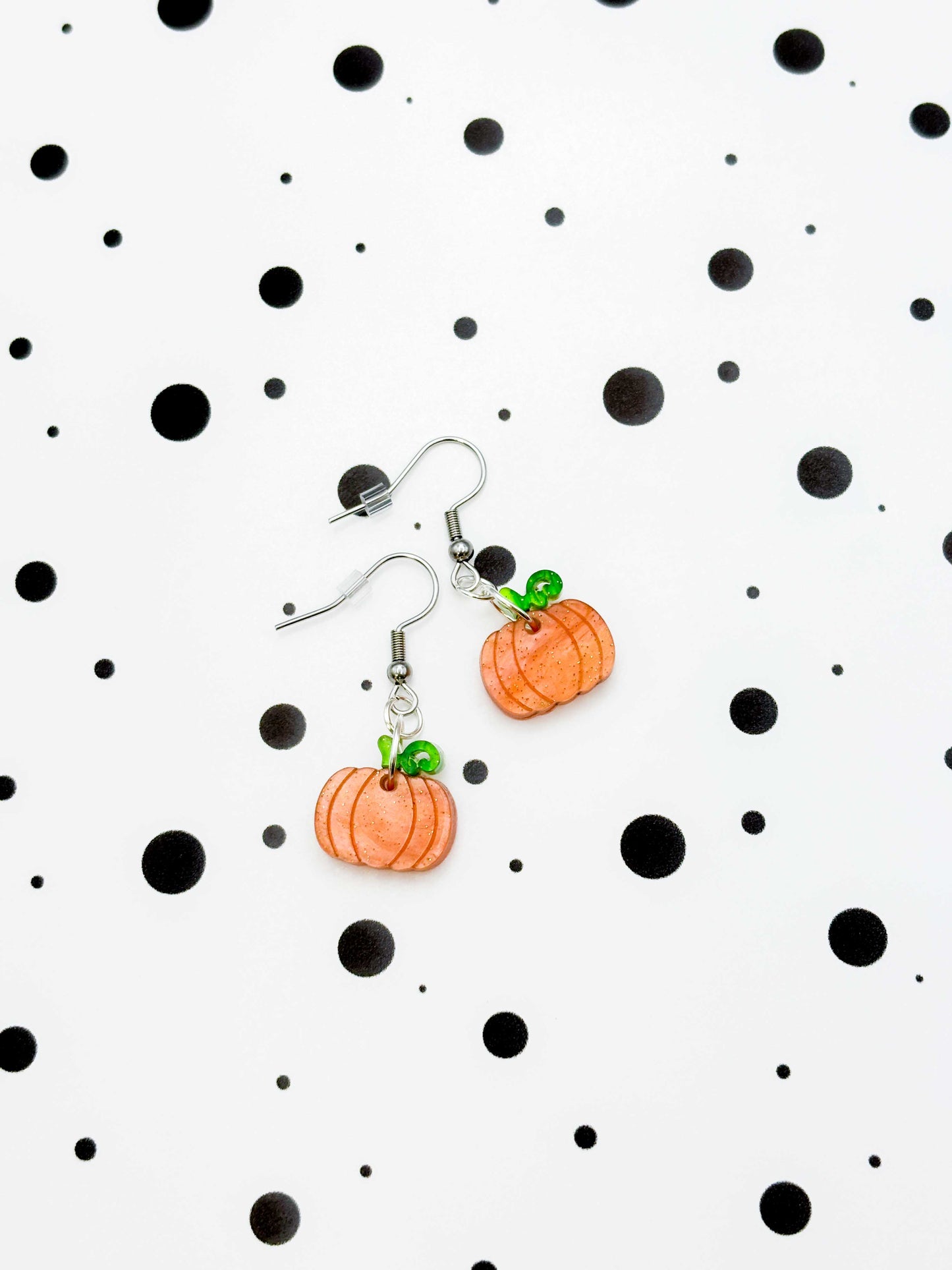 Small Orange and Green Glitter Marble Acrylic Pumpkin Dangle Earrings