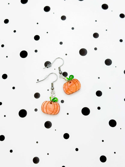 Small Orange and Green Glitter Marble Acrylic Pumpkin Dangle Earrings or Necklace – Hypoallergenic Stainless Steel