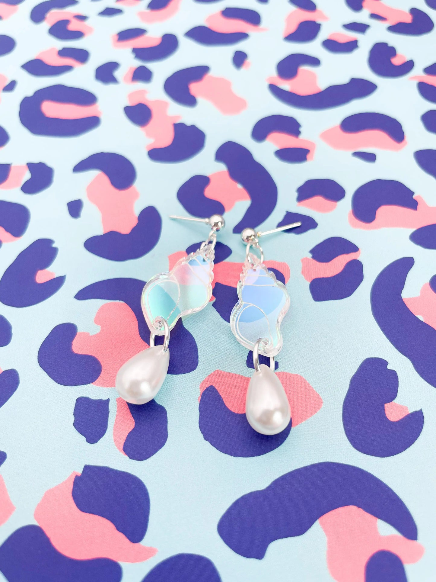Iridescent Acrylic Seashell and Pearl Dangle Earrings from Sapphire Frills