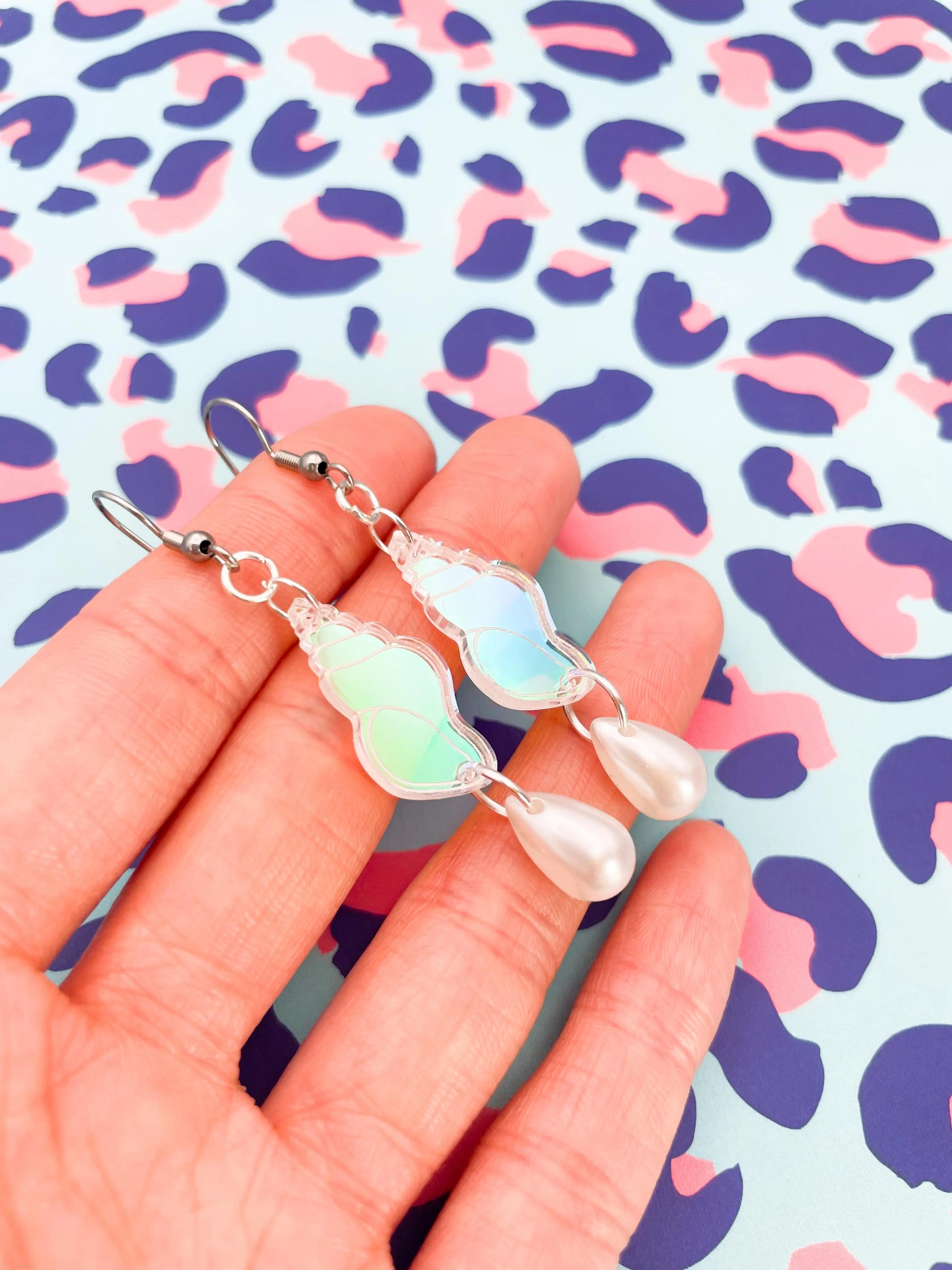 Iridescent Acrylic Seashell and Pearl Dangle Earrings from Sapphire Frills