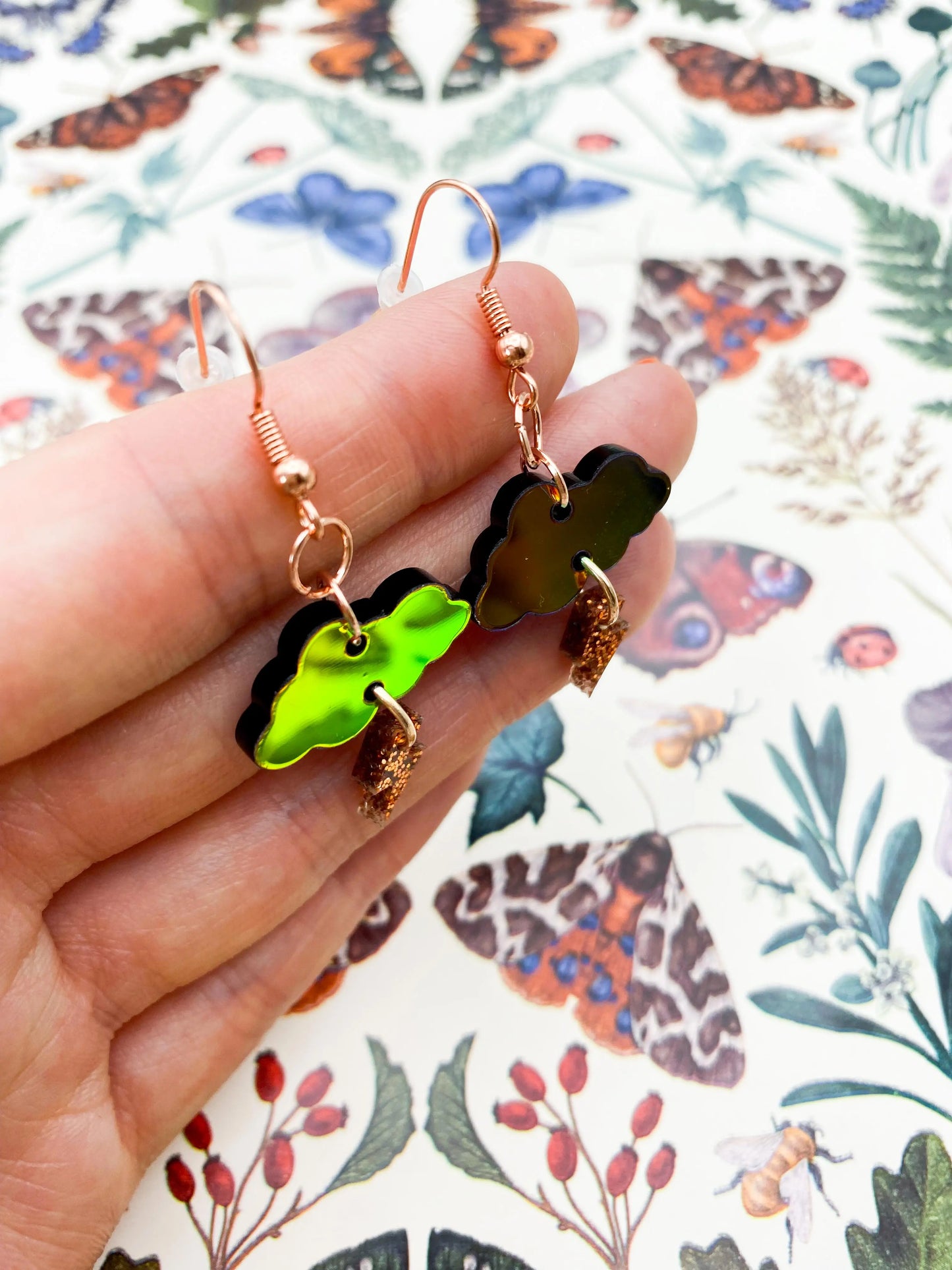 Iridescent Orange and Copper Glitter Autumn Storm Small Cloud & Bolt Dangle Earrings from Sapphire Frills