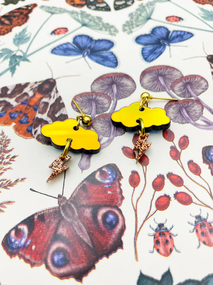 Iridescent Orange and Copper Glitter Autumn Storm Small Cloud & Bolt Dangle Earrings from Sapphire Frills