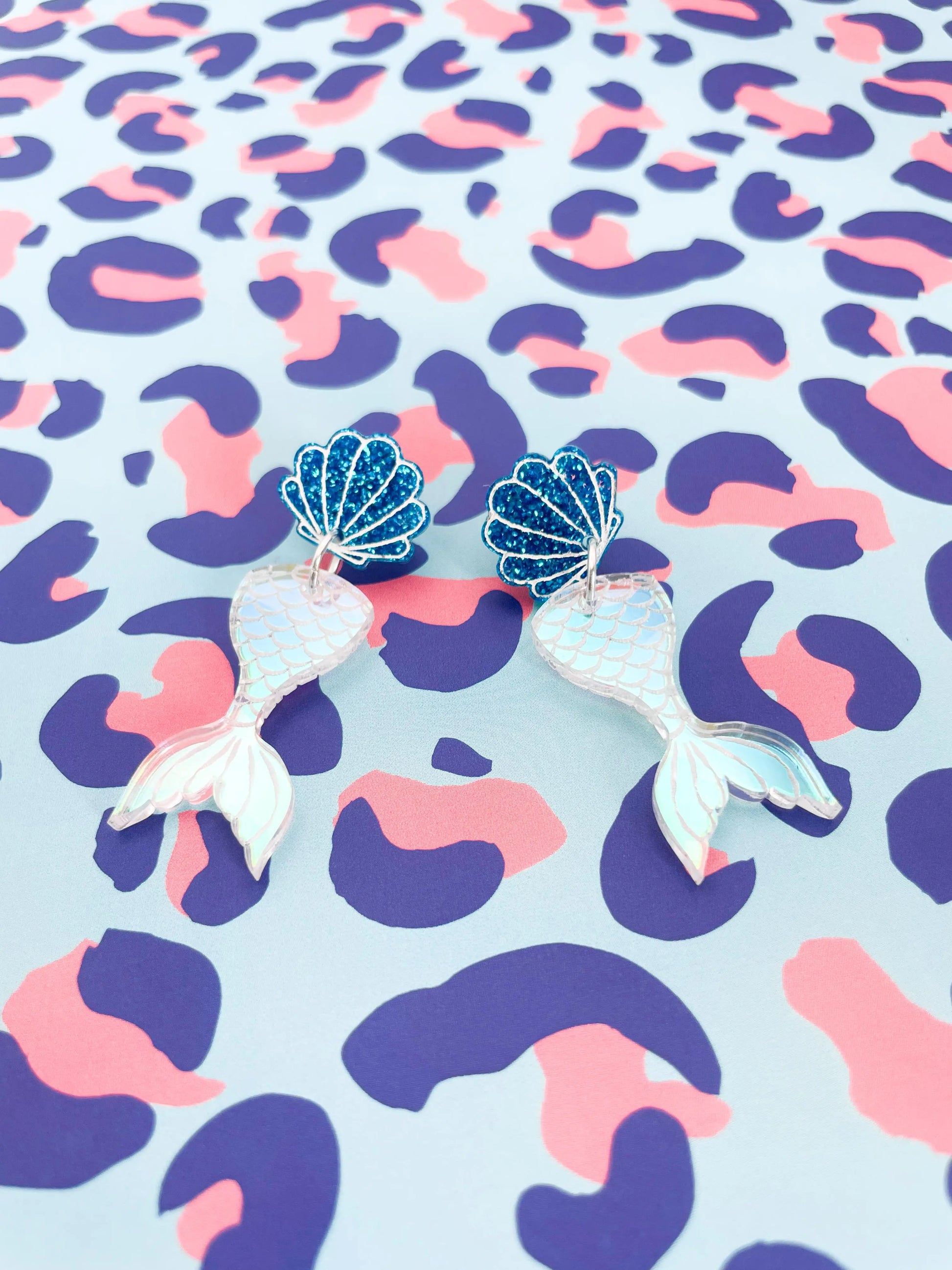 Iridescent and Blue Glitter Acrylic Shell & Mermaid Tail Dangle Earrings from Sapphire Frills