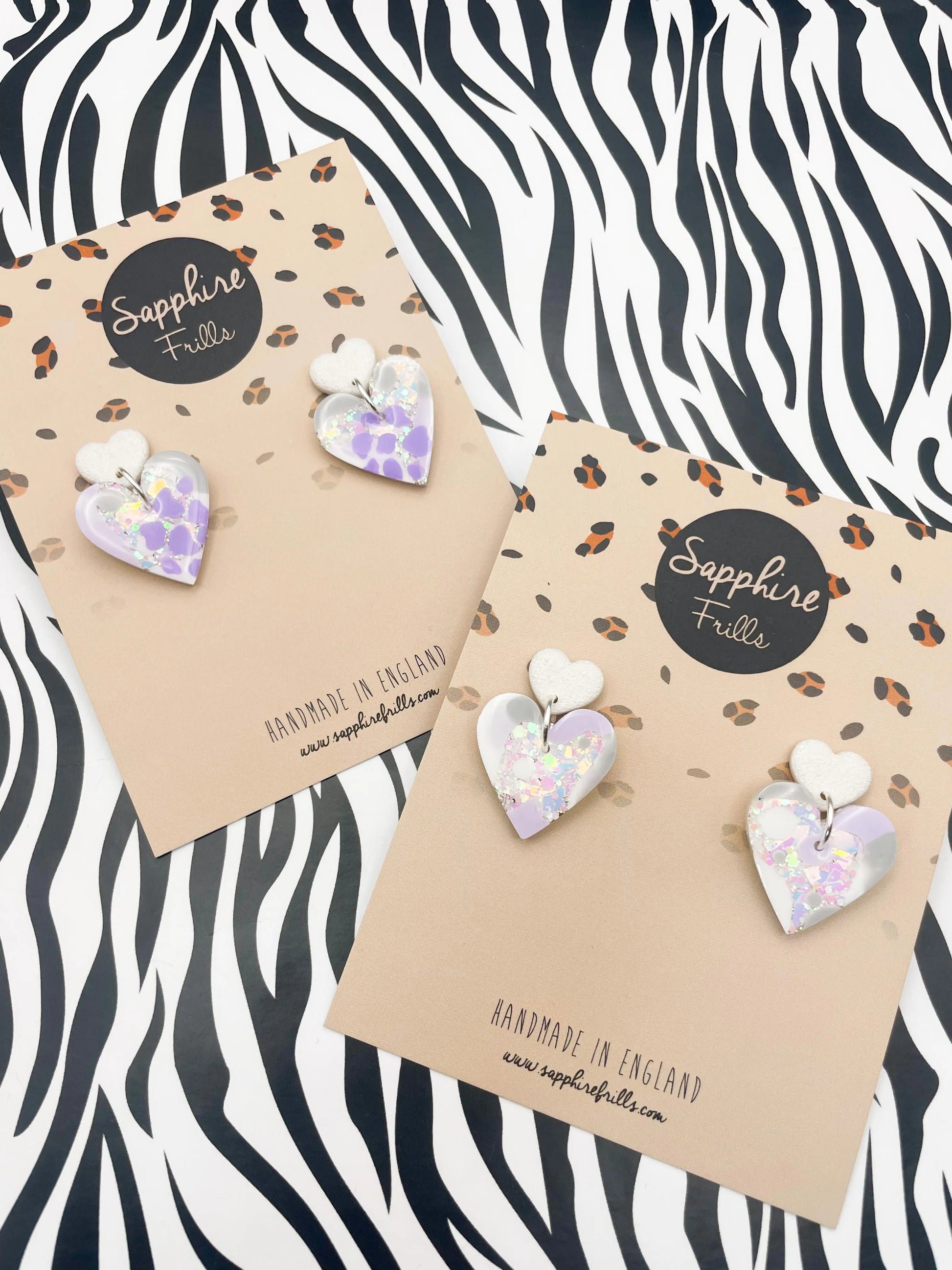 Iridescent and Lilac Cow Print Mosaic Glitter Resin Heart Dangle Earrings from Sapphire Frills