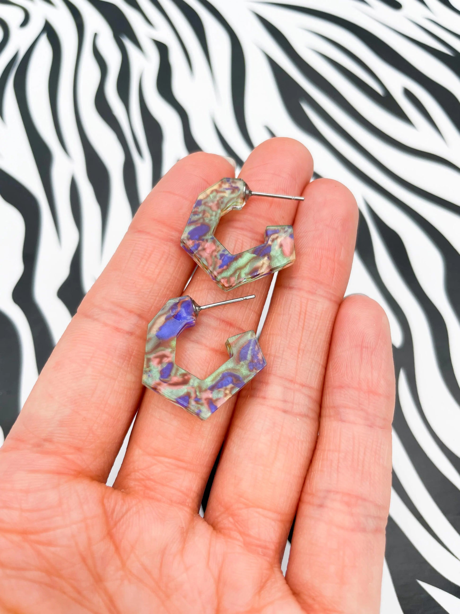 Jungle Blue, Green and Pink Ink Marble Acrylic Polygon Hoops from Sapphire Frills