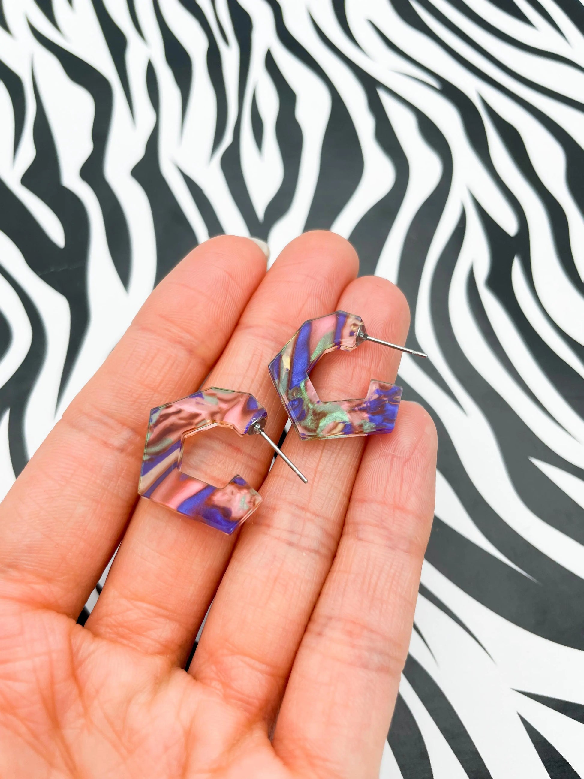 Jungle Blue, Green and Pink Ink Marble Acrylic Polygon Hoops from Sapphire Frills