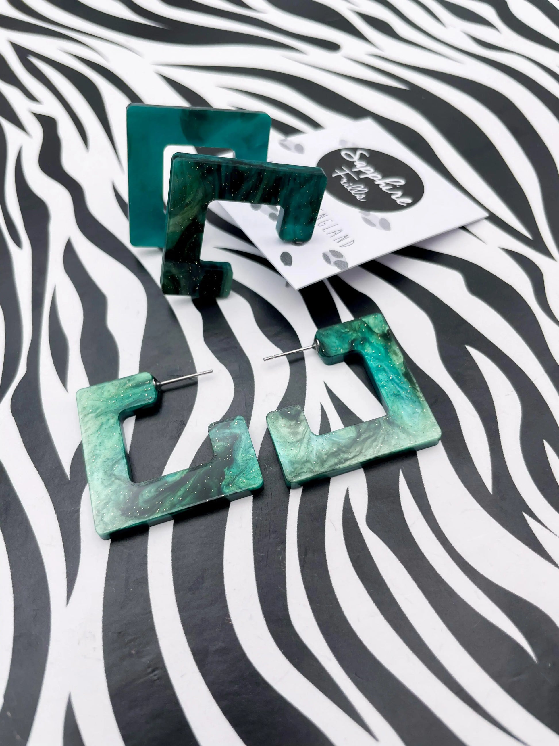 Large Green and Black Galaxy Glitter Marble Acrylic Square Hoops from Sapphire Frills