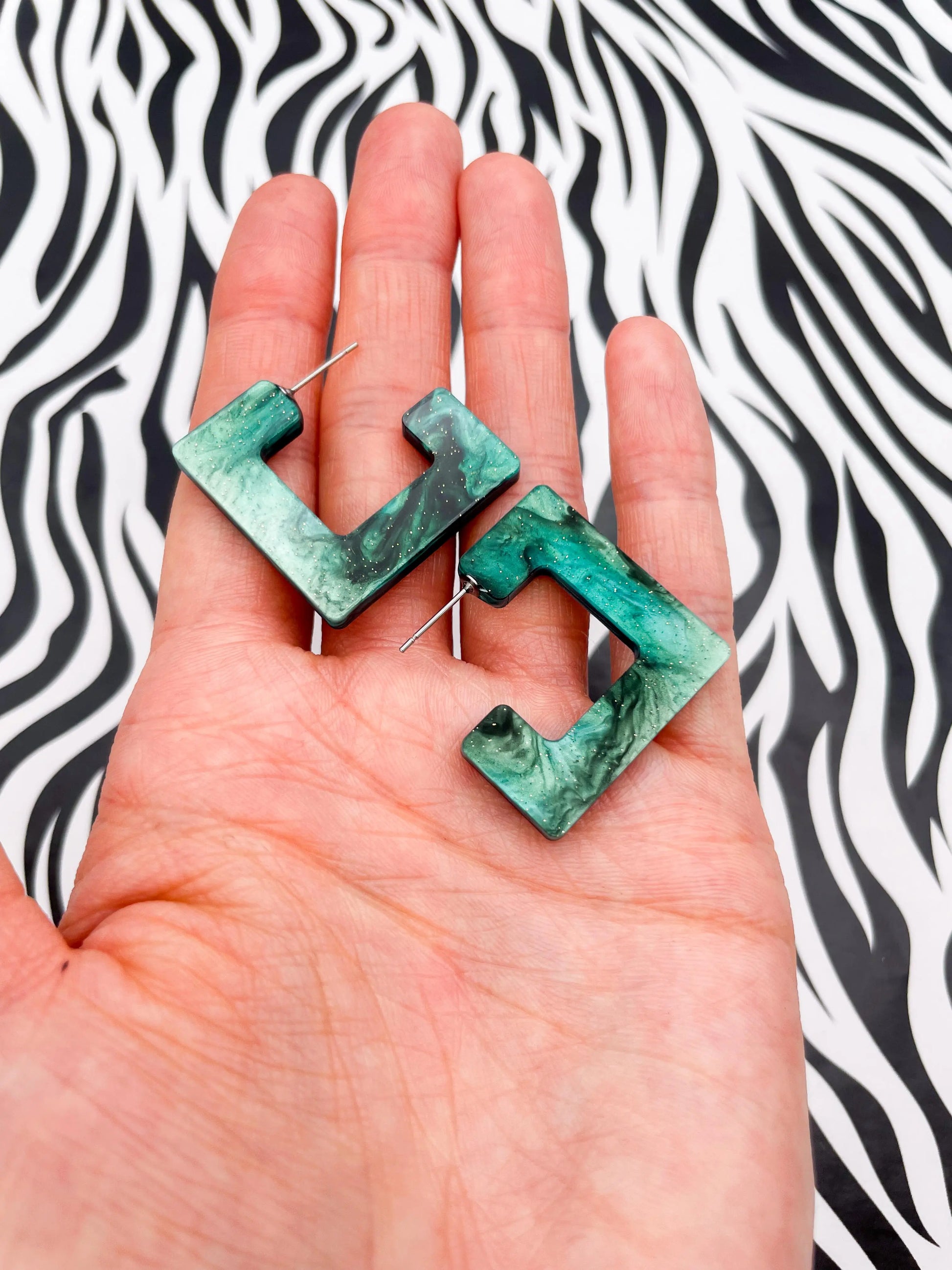 Large Green and Black Galaxy Glitter Marble Acrylic Square Hoops from Sapphire Frills
