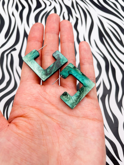 Large Green and Black Galaxy Glitter Marble Acrylic Square Hoops from Sapphire Frills