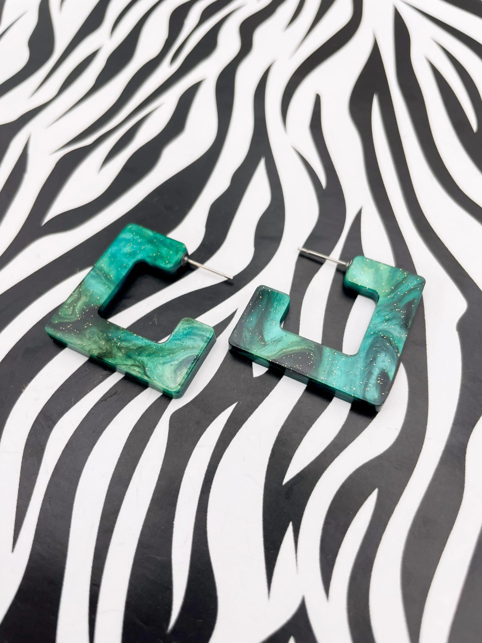 Large Green and Black Galaxy Glitter Marble Acrylic Square Hoops from Sapphire Frills
