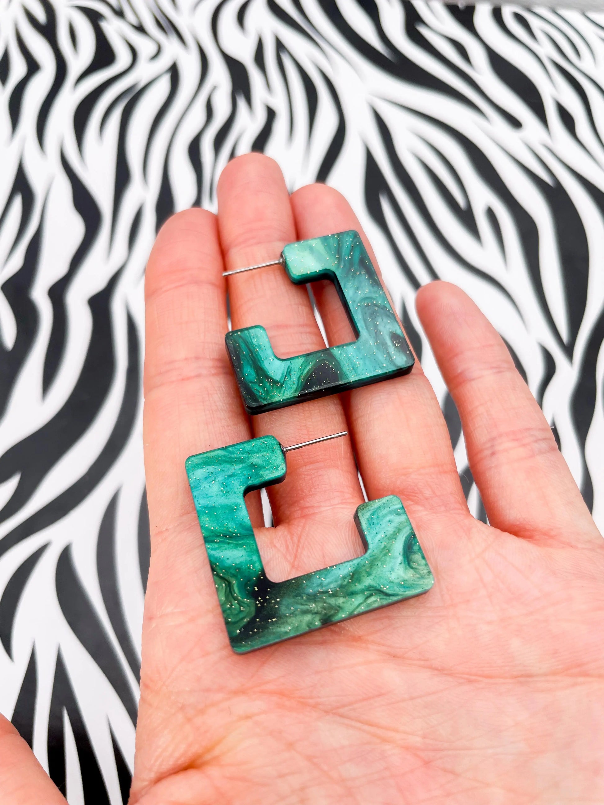 Large Green and Black Galaxy Glitter Marble Acrylic Square Hoops from Sapphire Frills