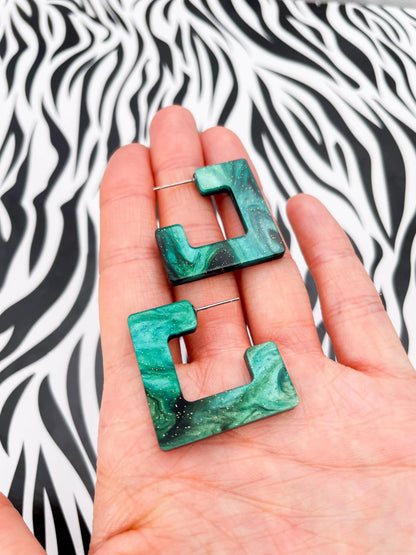 Large Green and Black Galaxy Glitter Marble Acrylic Square Hoops from Sapphire Frills