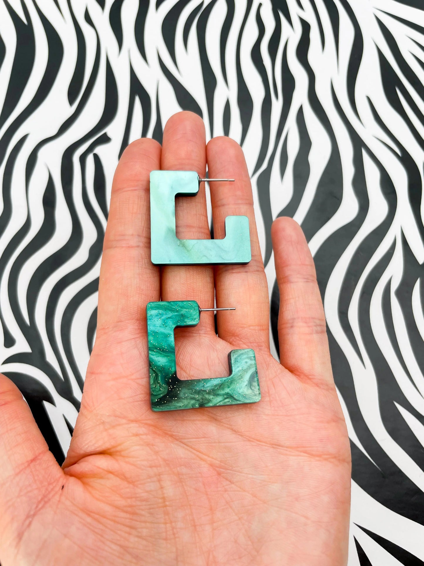 Large Green and Black Galaxy Glitter Marble Acrylic Square Hoops from Sapphire Frills
