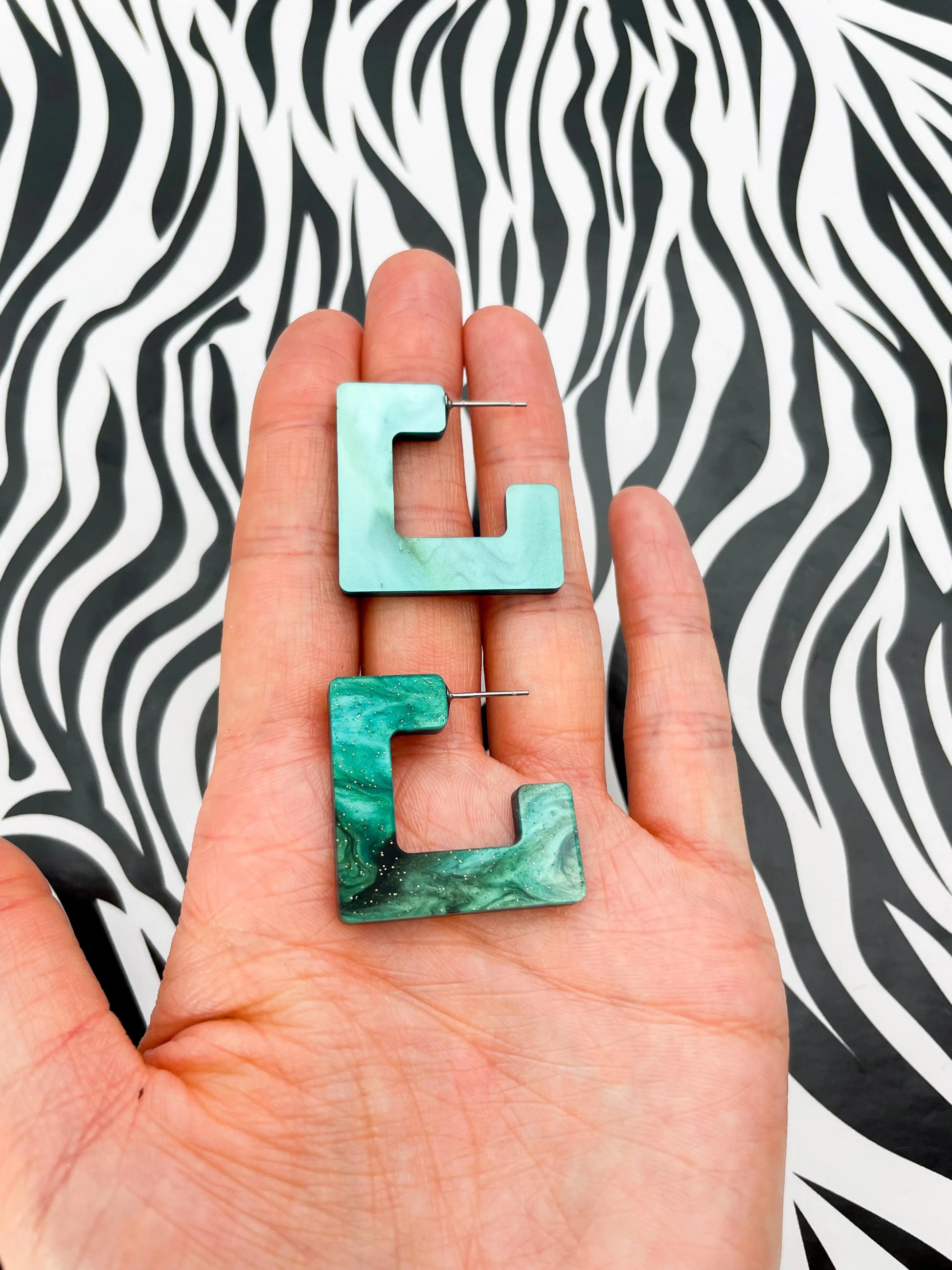 Large Green and Black Galaxy Glitter Marble Acrylic Square Hoops from Sapphire Frills