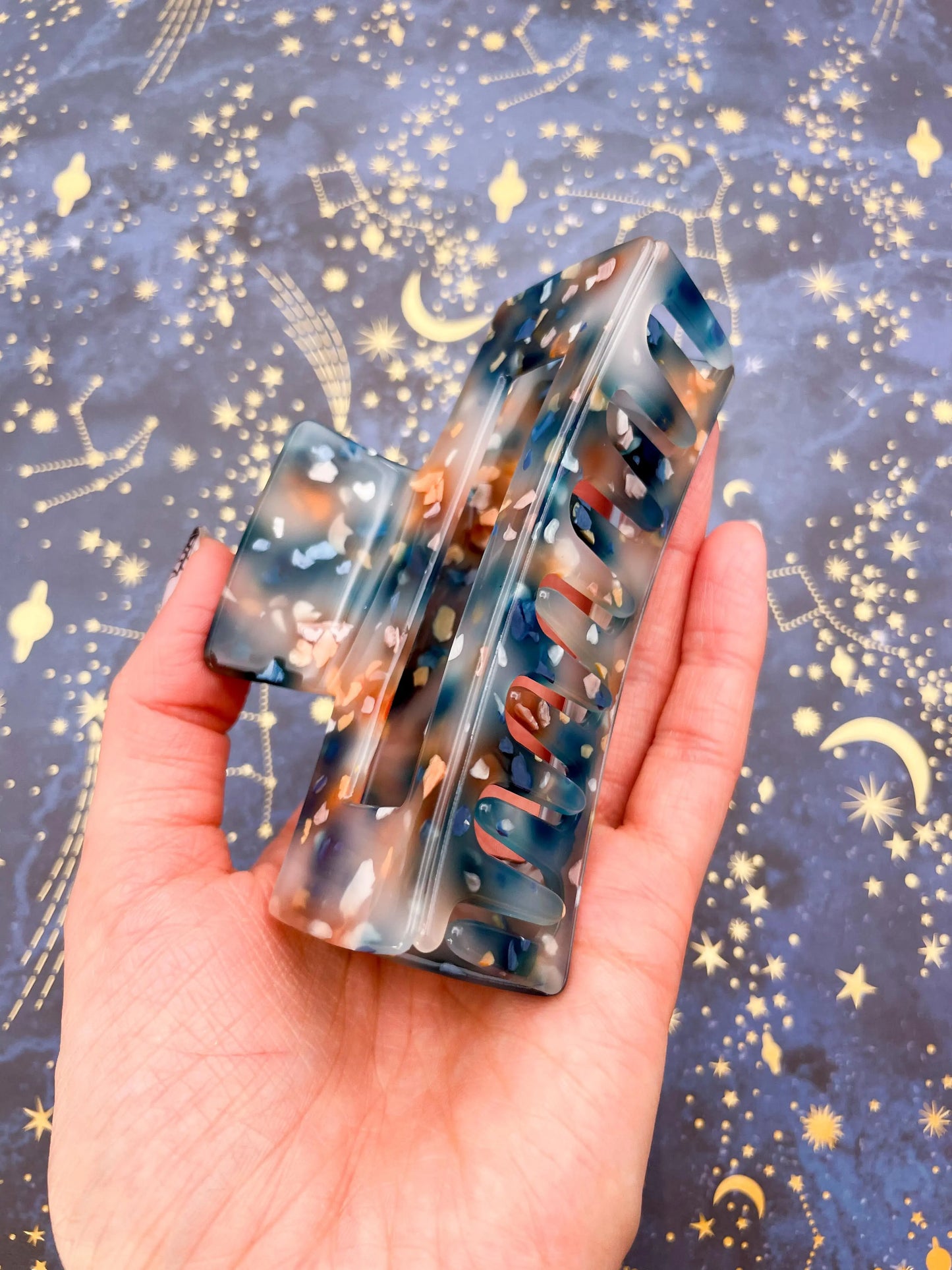 Large Navy, Bronze and Peach Terrazzo Melt Claw Hair Clip from Sapphire Frills