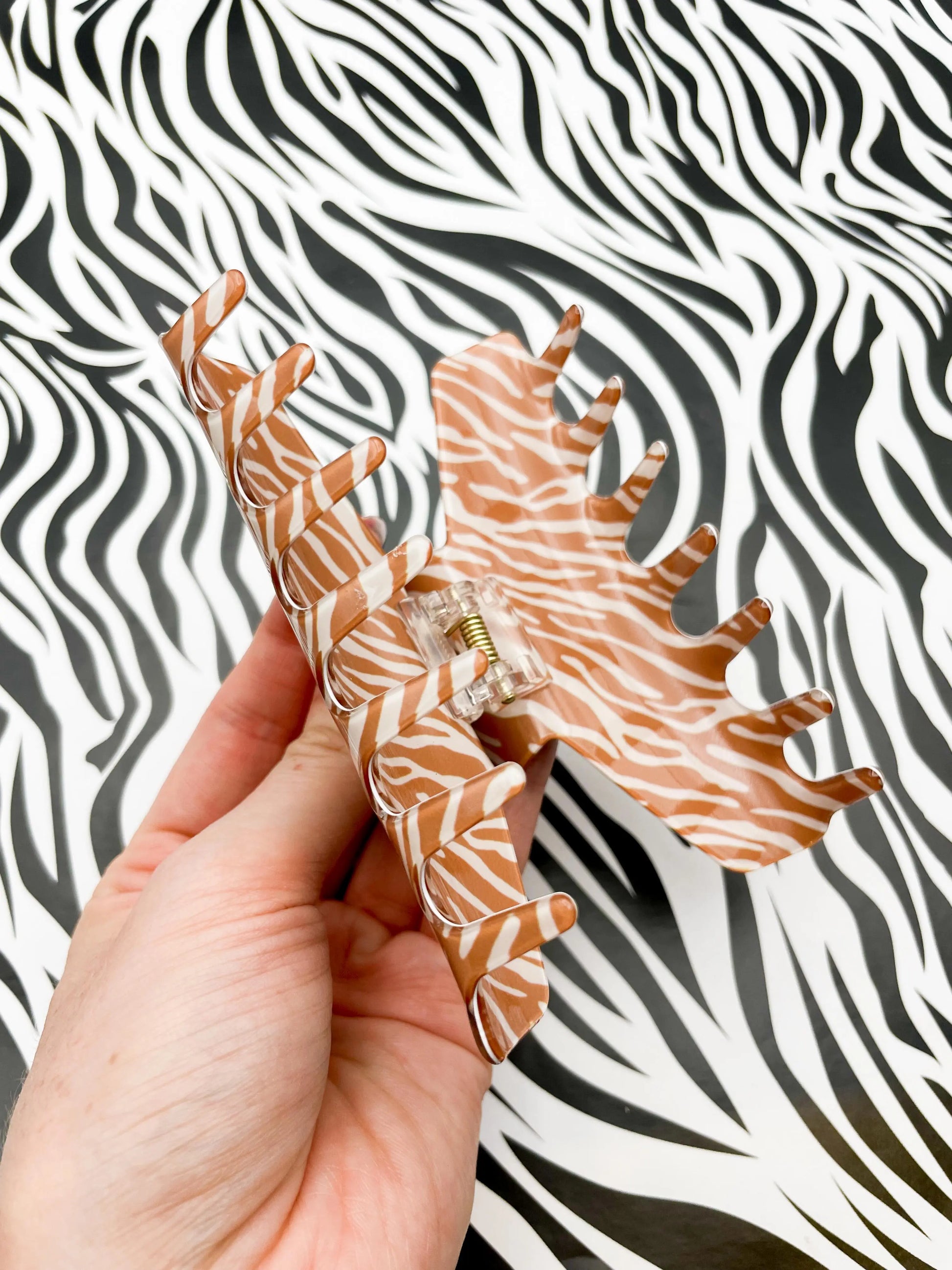 Large Tan Zebra Print Claw Hair Clip from Sapphire Frills