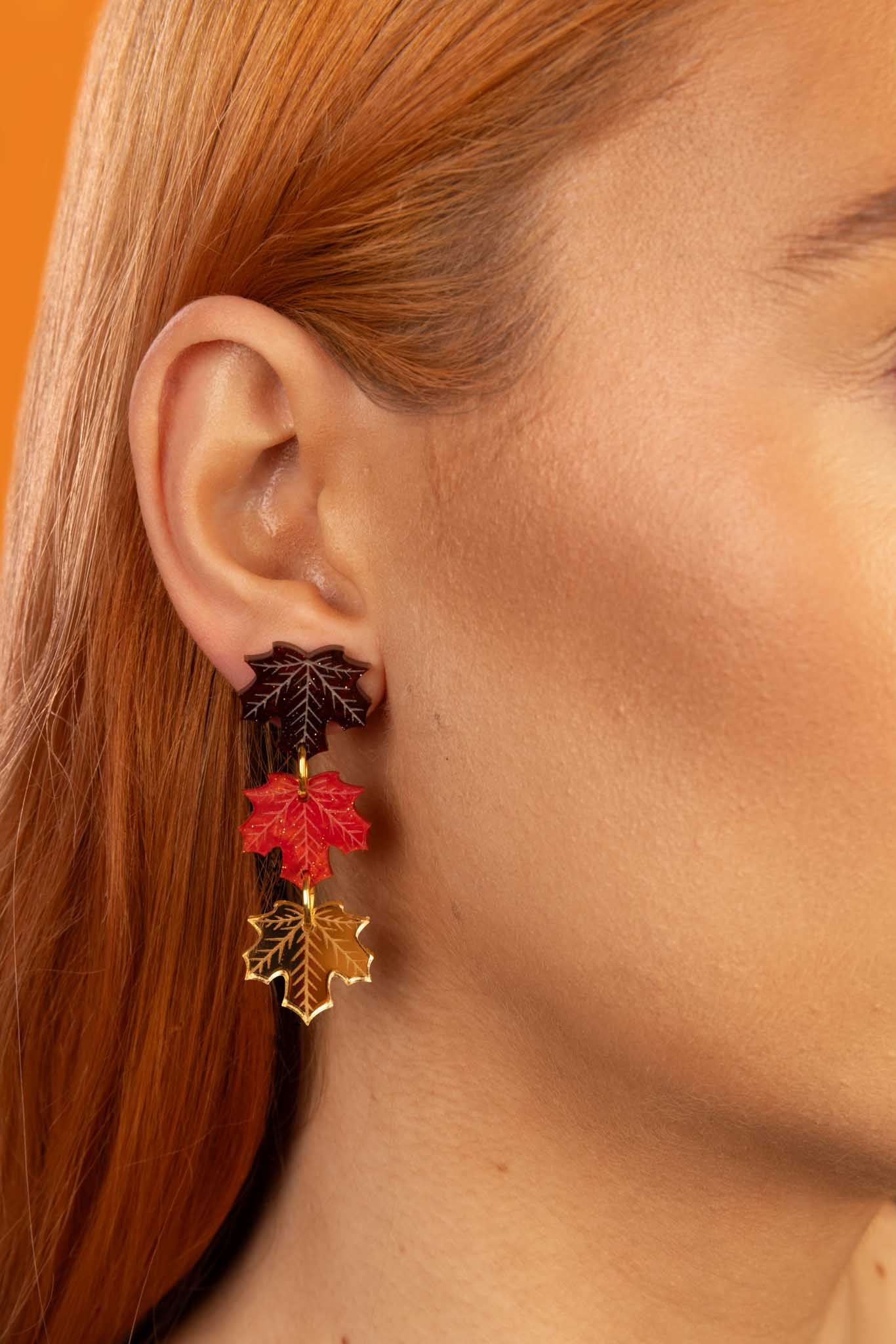 Maroon, Orange and Gold Acrylic Mirror Maple Leaf Dangle Earrings – Hypoallergenic Stainless Steel