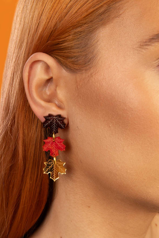 Maroon, Orange and Gold Acrylic Mirror Maple Leaf Dangle Earrings – Hypoallergenic Stainless Steel