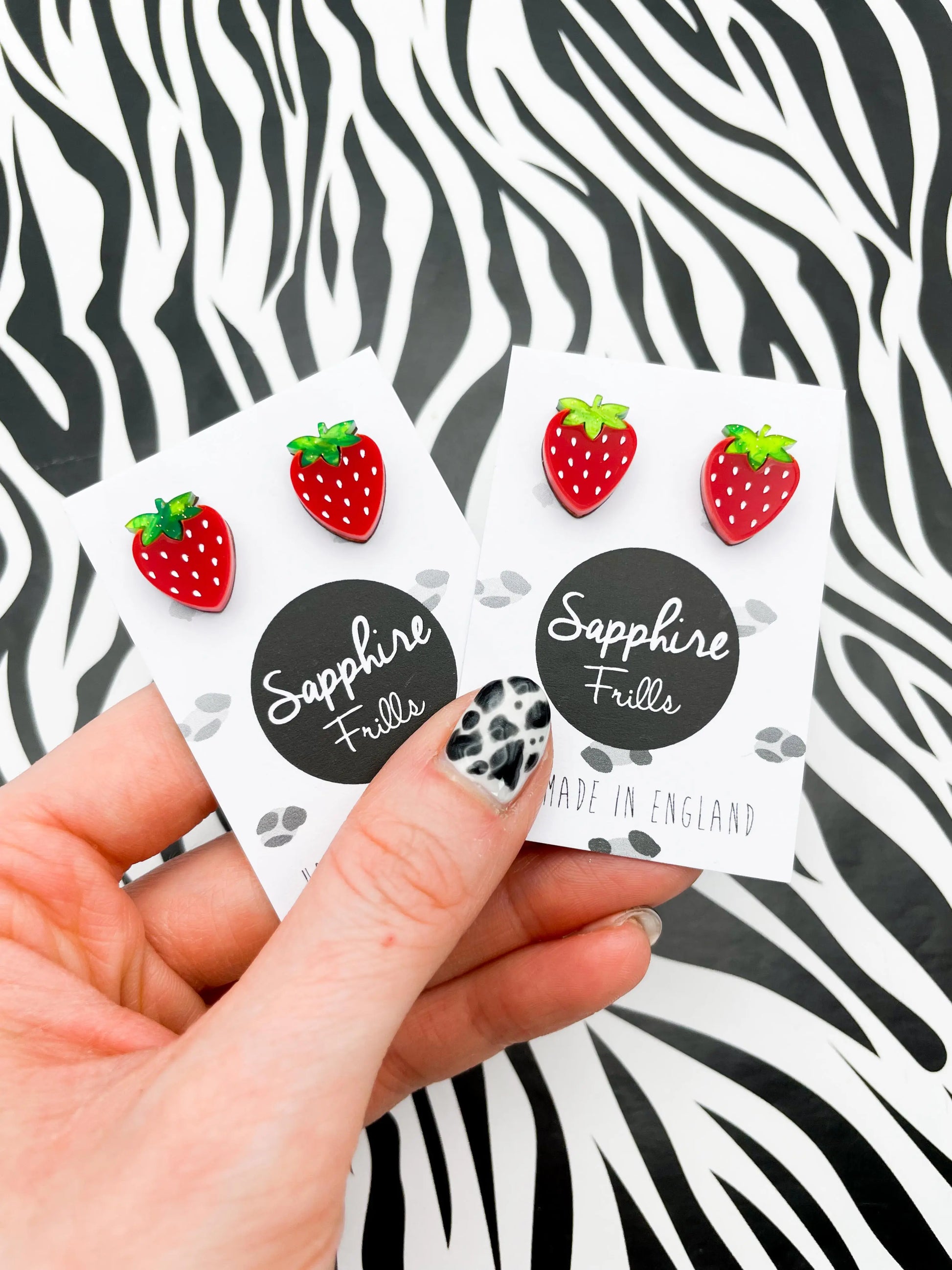 Medium Green Glitter Marble and Red Gloss Acrylic Strawberry Studs from Sapphire Frills