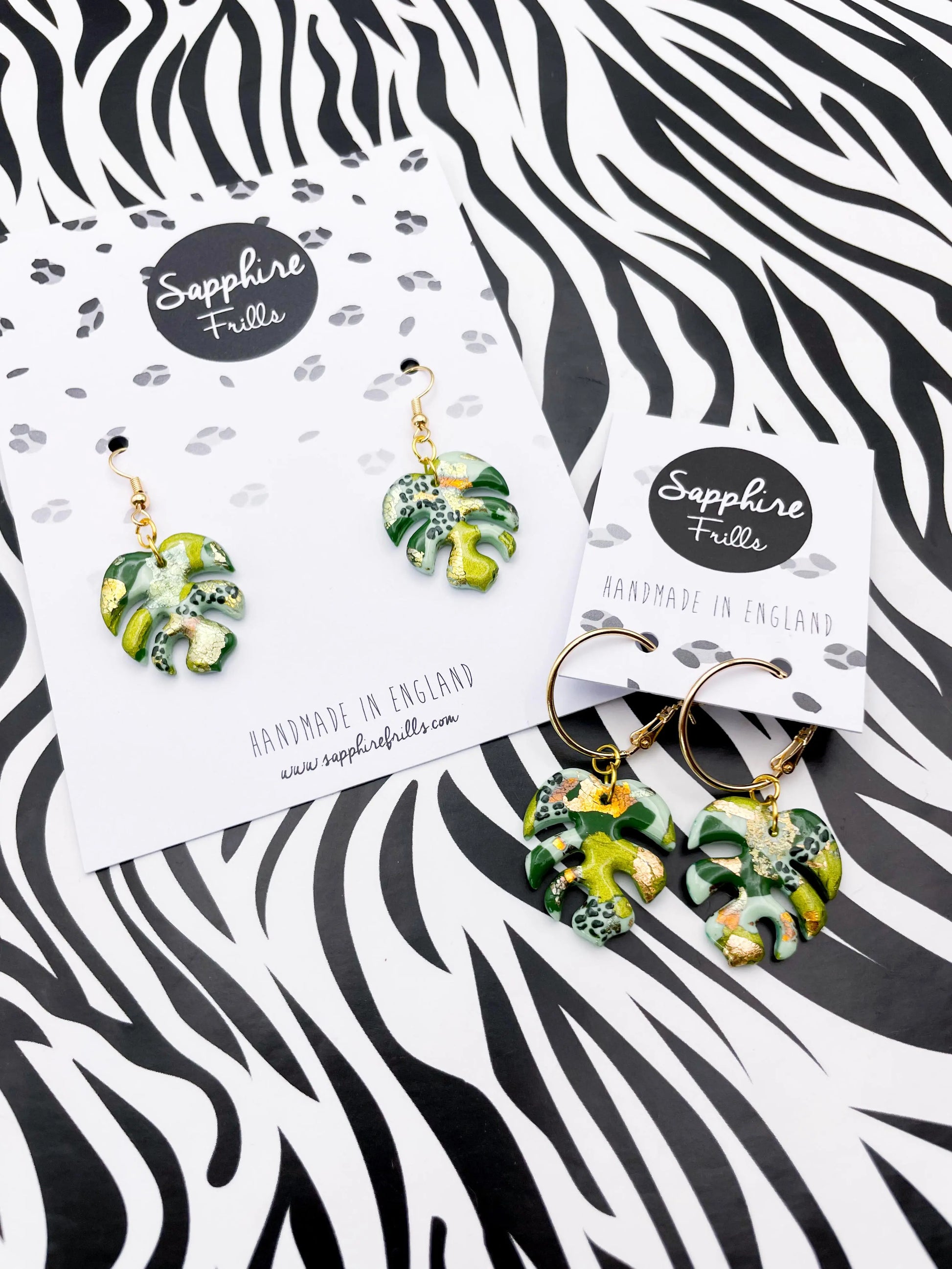 Medium Green Smudge with Snake Print Foil Jungle Leopard Monstera Leaf Earrings from Sapphire Frills