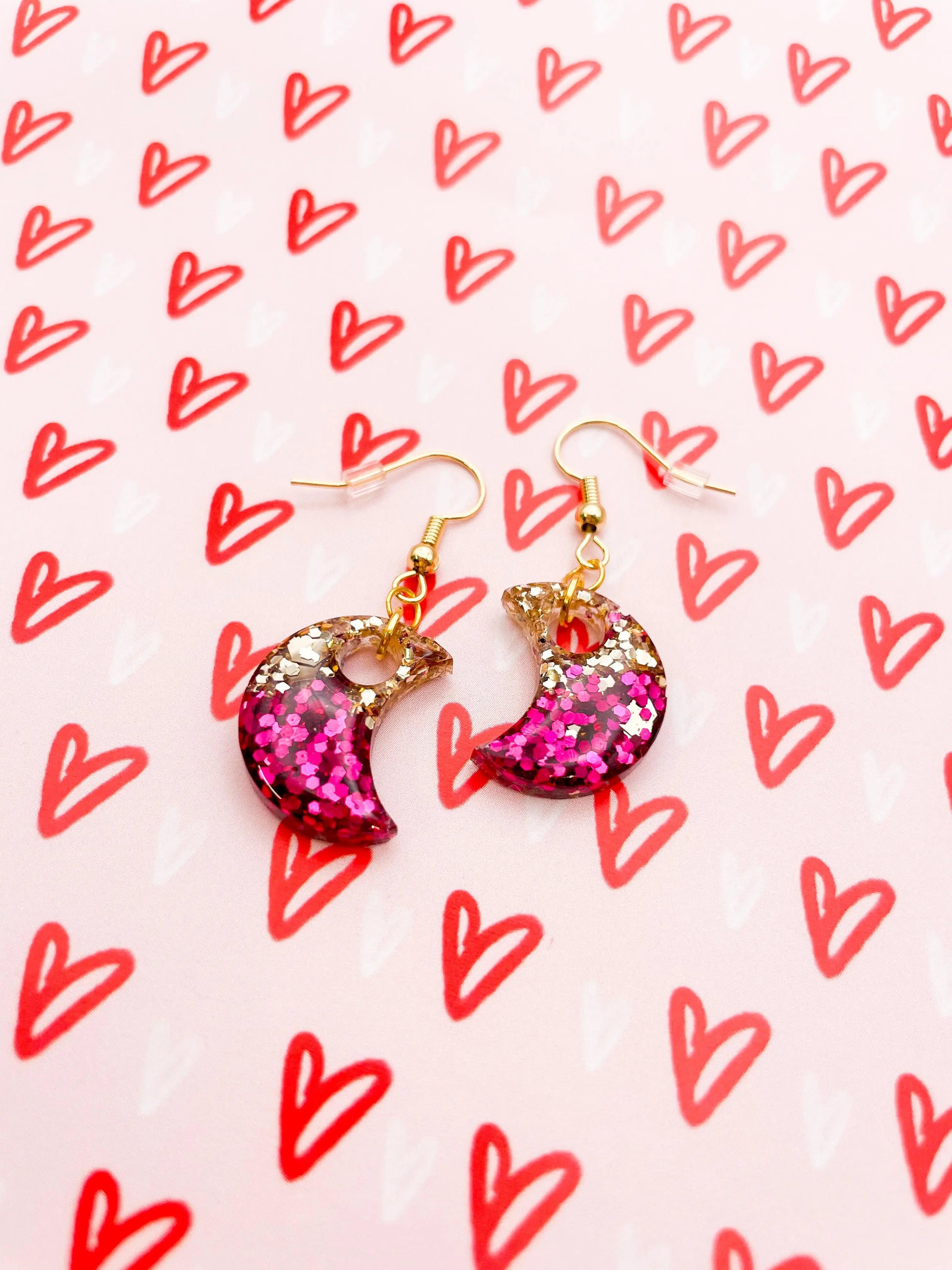 Medium Hot Pink and Gold Glitter Ombre Resin Moon Dangle Earrings from Sapphire Frills
