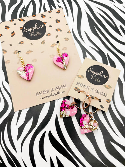 Medium Hot Pink and Gold Glitter Star Print Resin Heart Earrings from Sapphire Frills