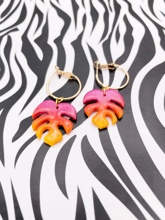 Medium Metallic Hot Pink and Yellow Ombre Monstera Leaf Earrings from Sapphire Frills