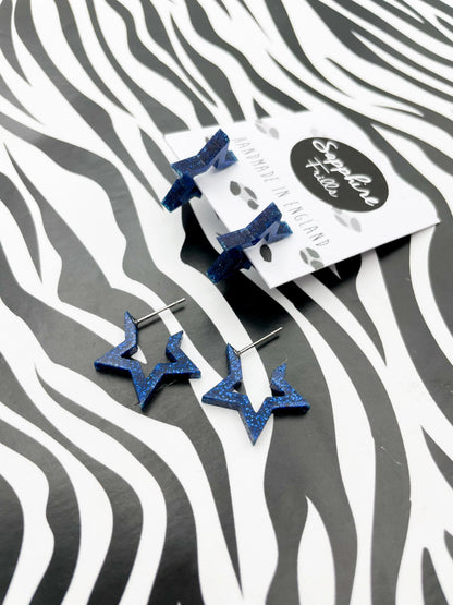 Medium Navy Blue Glitter Acrylic Star Hoops from Sapphire Frills
