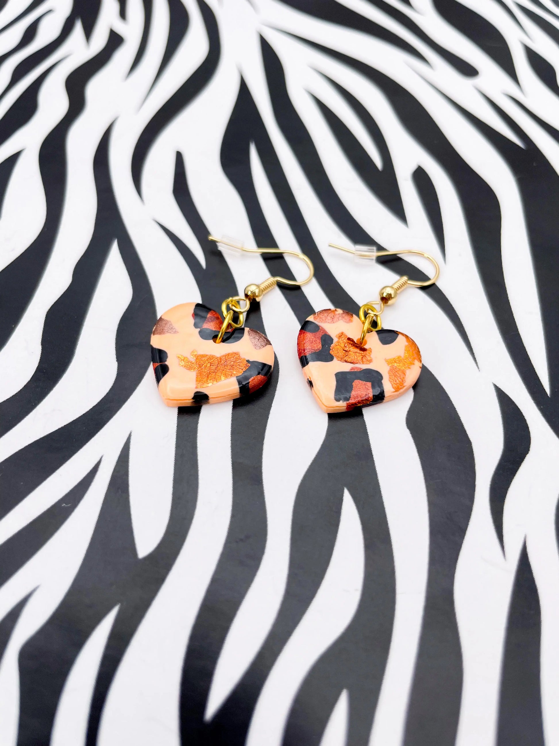 Medium Peach and Copper Leopard Print with Autumn Foil Heart Earrings from Sapphire Frills