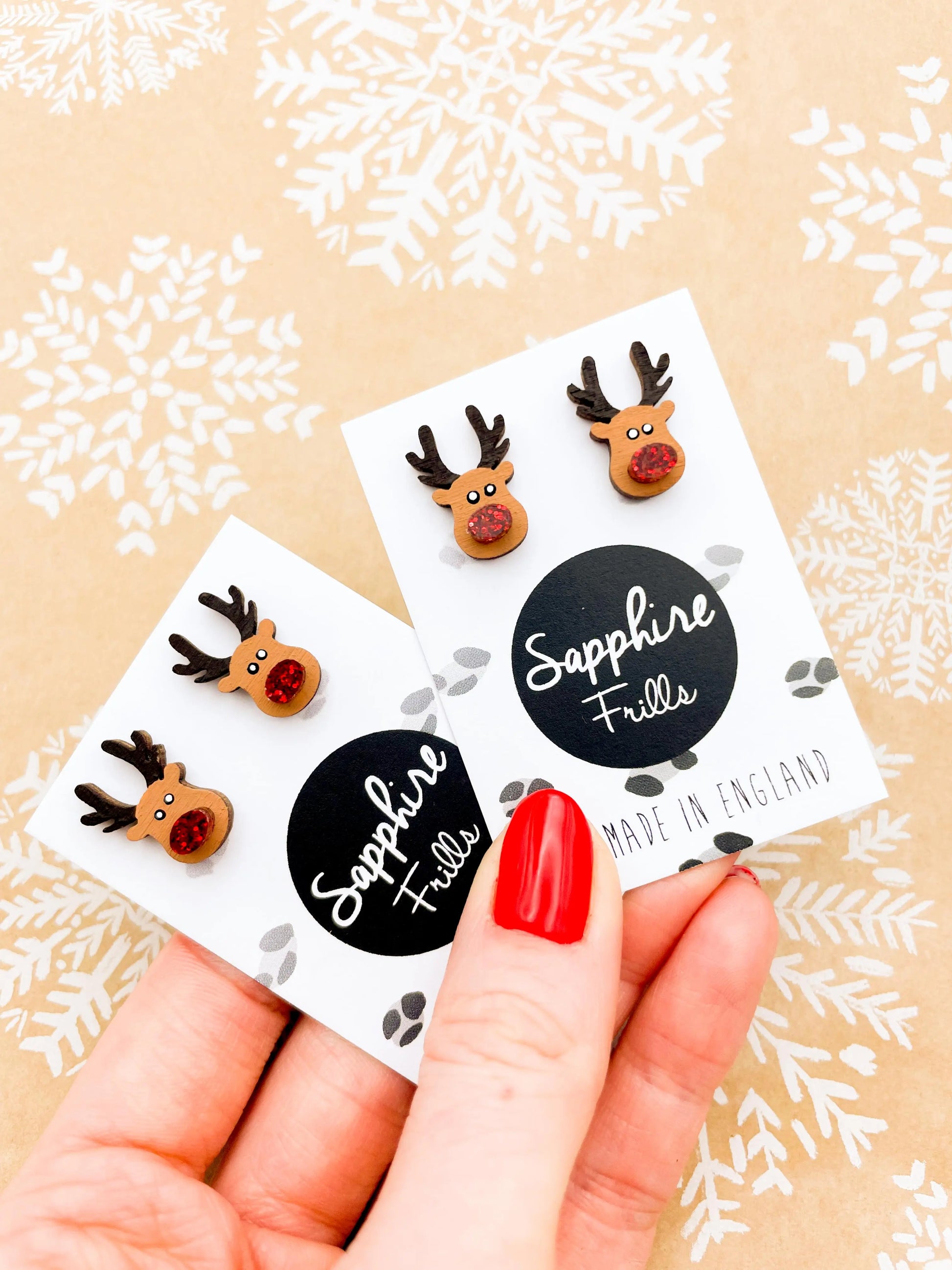 Medium Red Glitter Acrylic Nose and Wood Reindeer Stud Earrings from Sapphire Frills
