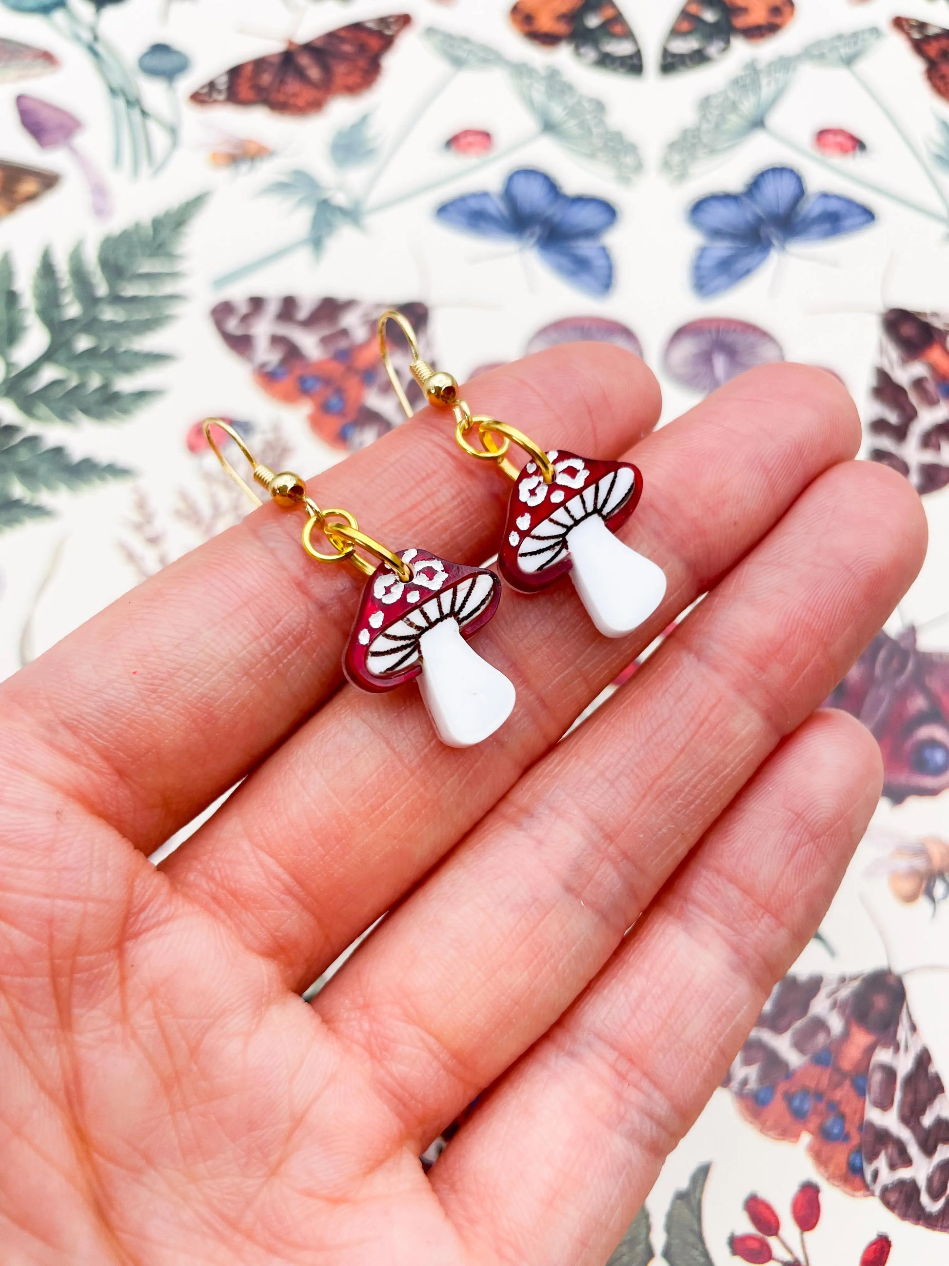 Medium Red and White Marble Acrylic Leopard Print Mushroom Dangle Earrings from Sapphire Frills