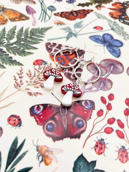Medium Red and White Marble Acrylic Leopard Print Mushroom Dangle Earrings from Sapphire Frills
