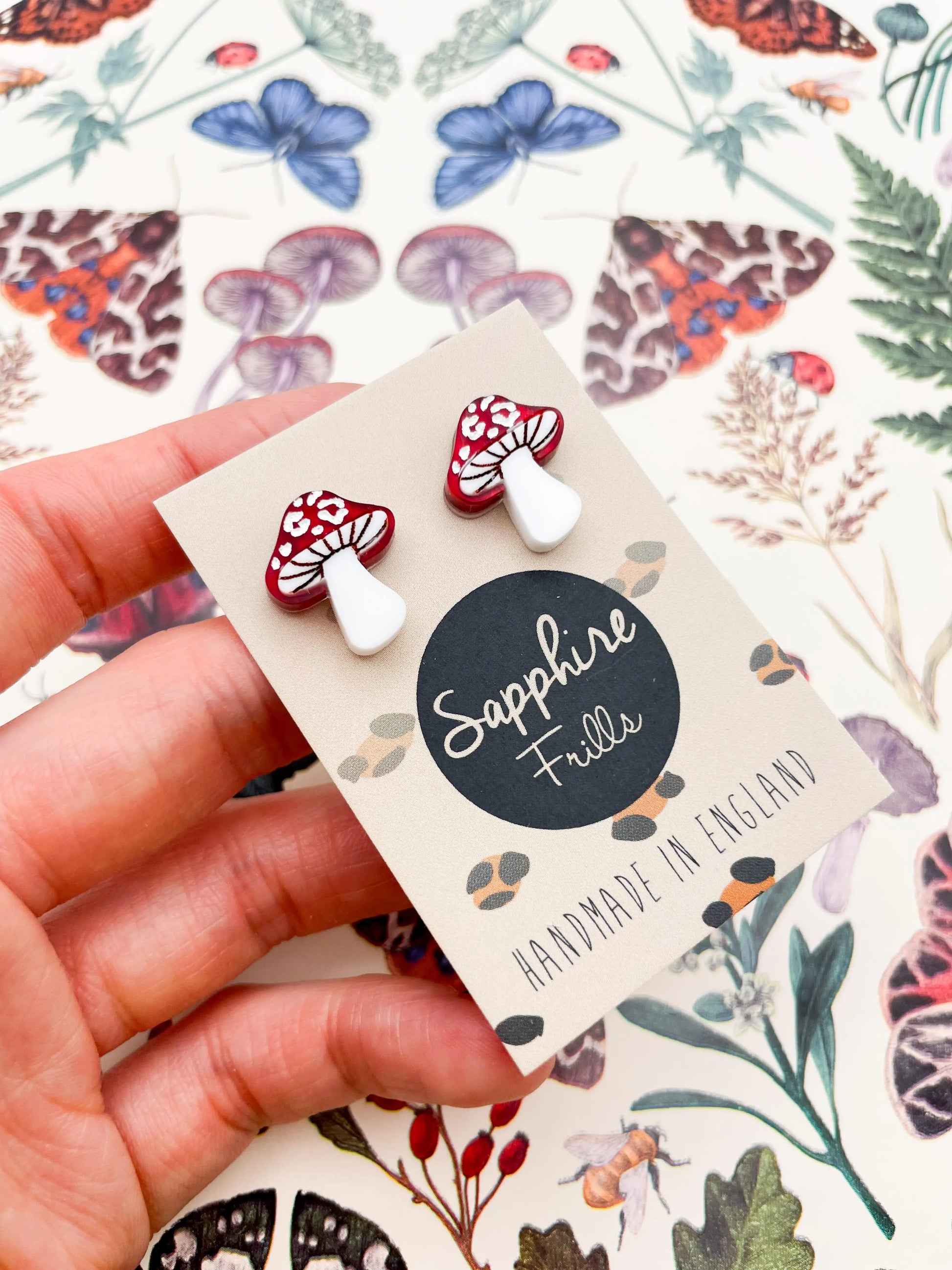 Medium Red and White Marble Leopard Print Acrylic Mushroom Stud Earrings from Sapphire Frills