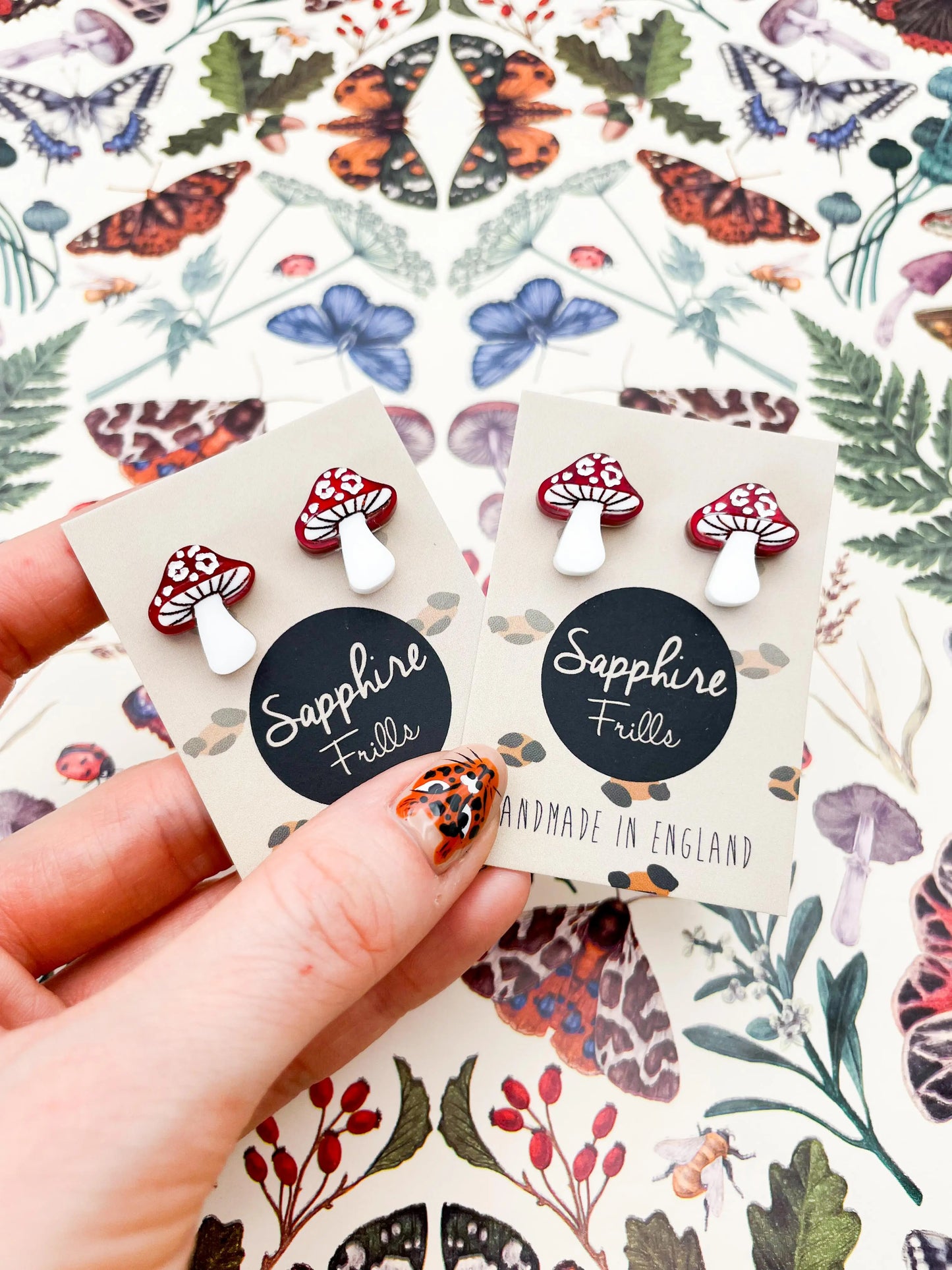 Medium Red and White Marble Leopard Print Acrylic Mushroom Stud Earrings from Sapphire Frills