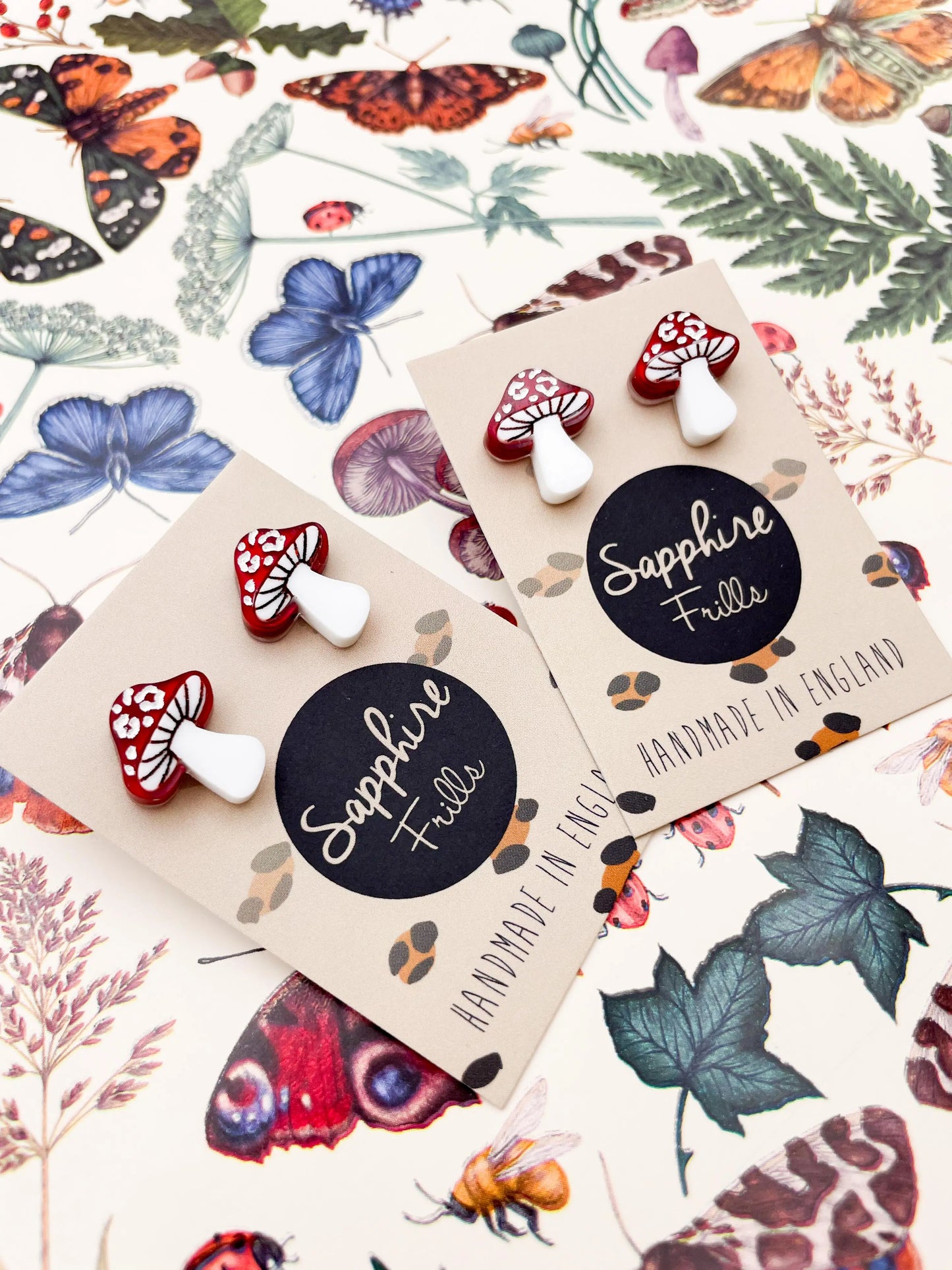 Medium Red and White Marble Leopard Print Acrylic Mushroom Stud Earrings from Sapphire Frills