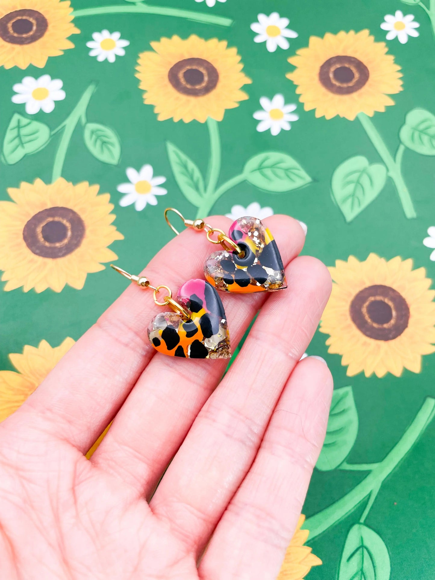 Medium Safari Giraffe Print Gold Glitter Resin Heart Stud Earrings from Sapphire Frills