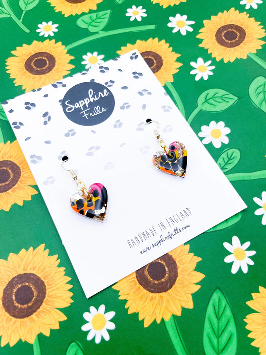 Medium Safari Giraffe Print Gold Glitter Resin Heart Stud Earrings from Sapphire Frills