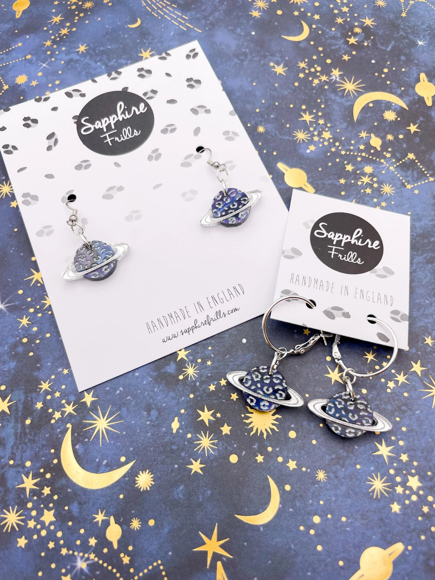 Medium Silver Night Sky Marble Acrylic Leopard Print Planet Dangle Earrings from Sapphire Frills
