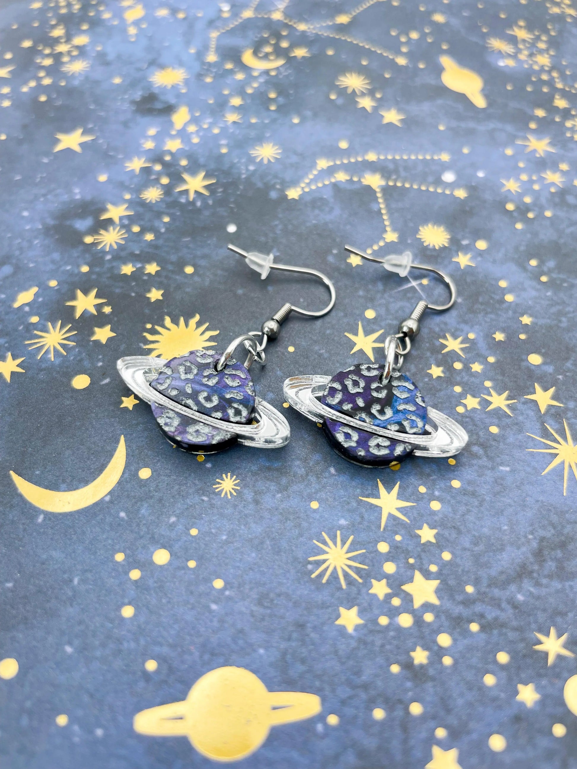 Medium Silver Night Sky Marble Acrylic Leopard Print Planet Dangle Earrings from Sapphire Frills
