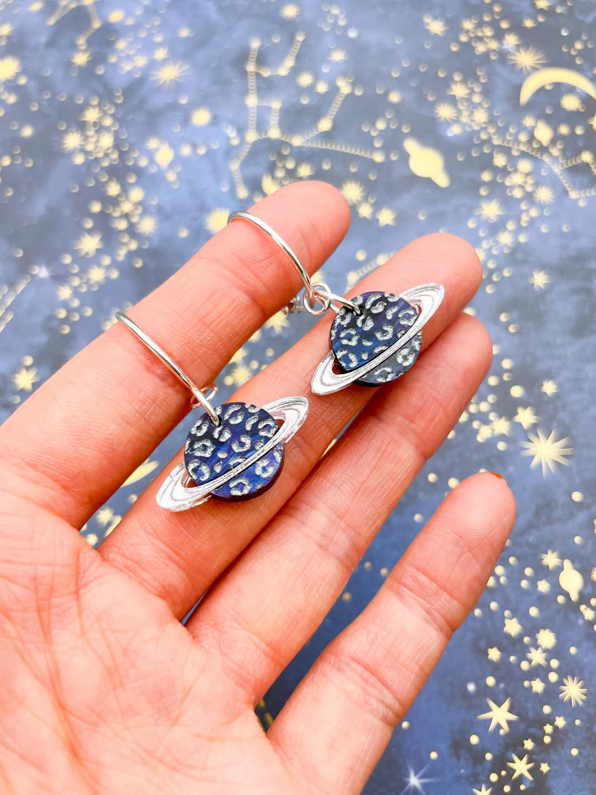 Medium Silver Night Sky Marble Acrylic Leopard Print Planet Dangle Earrings from Sapphire Frills