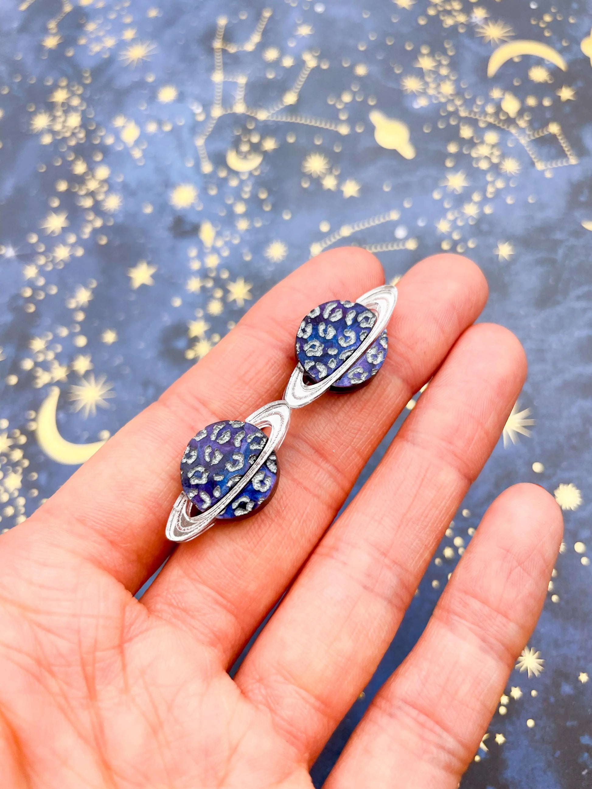 Medium Silver Night Sky Marble Leopard Print Acrylic Planet Stud Earrings from Sapphire Frills