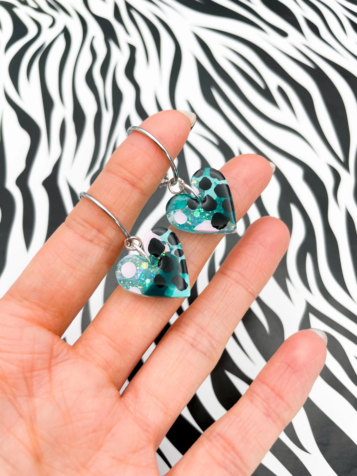 Medium Under The Sea Croc Print Glitter Resin Heart Stud Earrings from Sapphire Frills