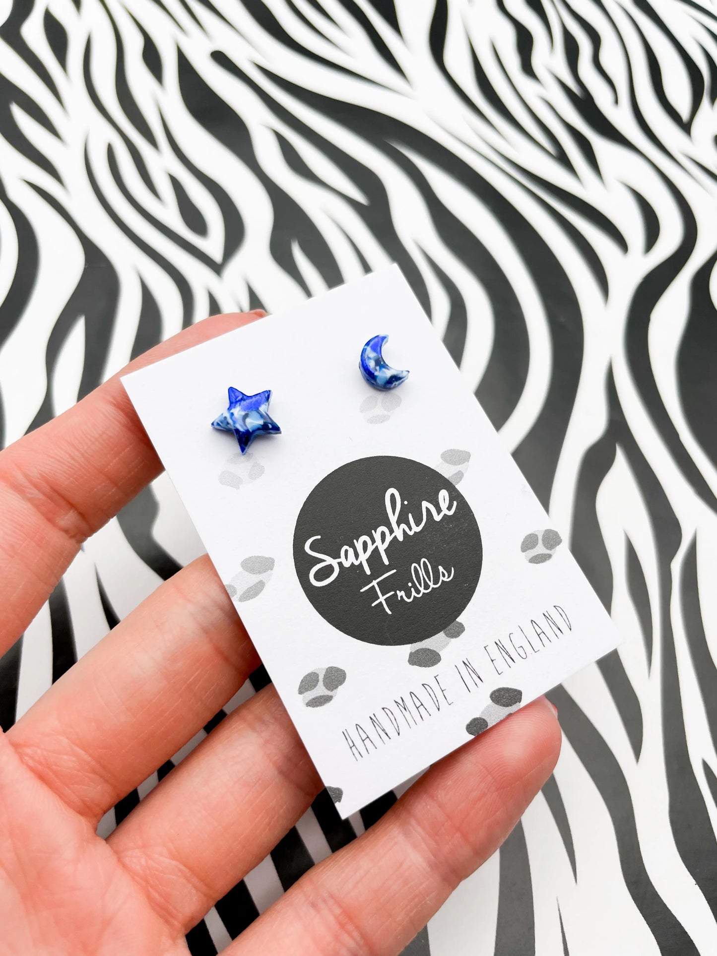 Micro Blue and White Marble Mismatch Star and Moon Stud Earrings from Sapphire Frills