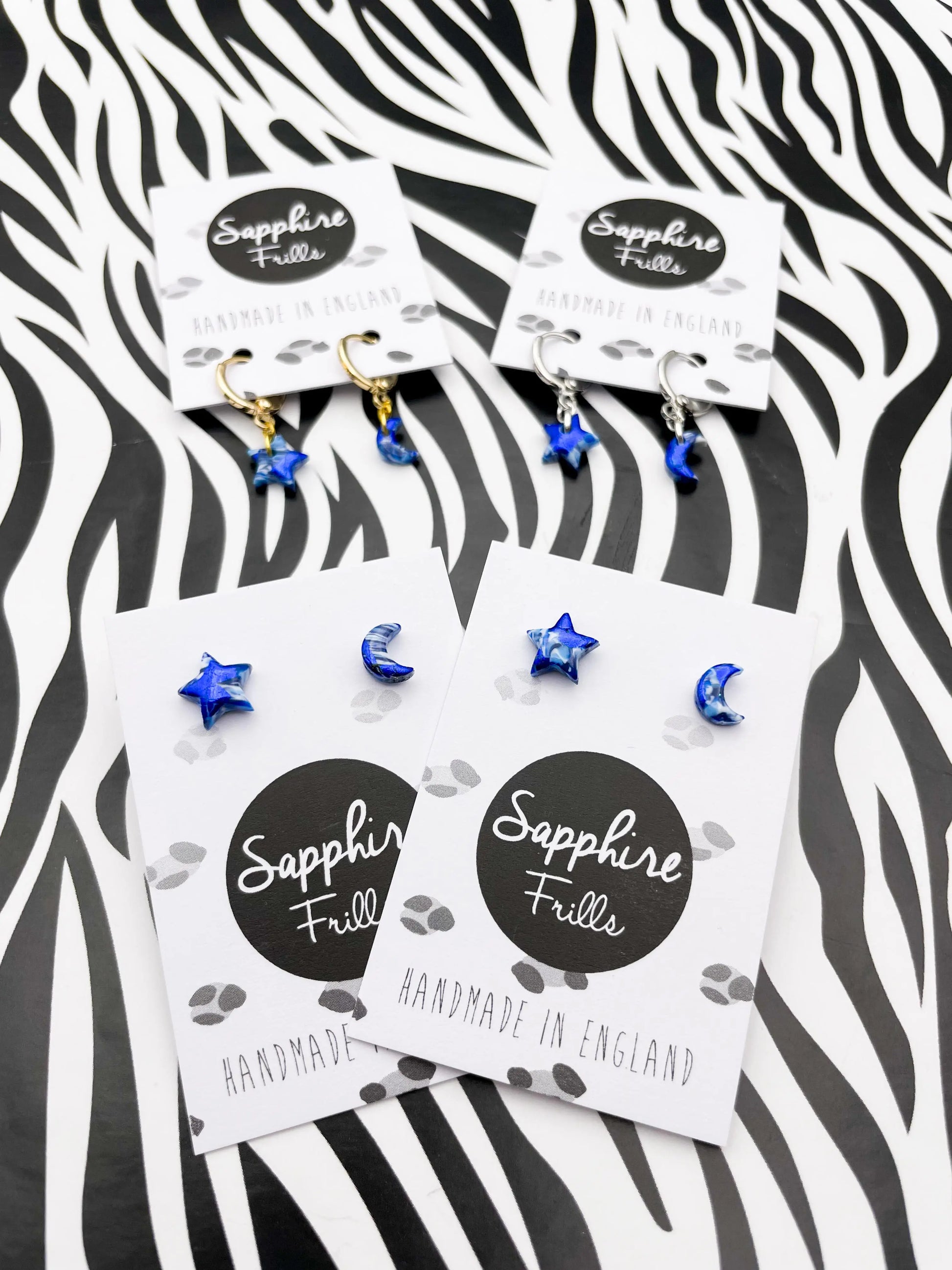 Micro Blue and White Marble Mismatch Star and Moon Stud Earrings from Sapphire Frills