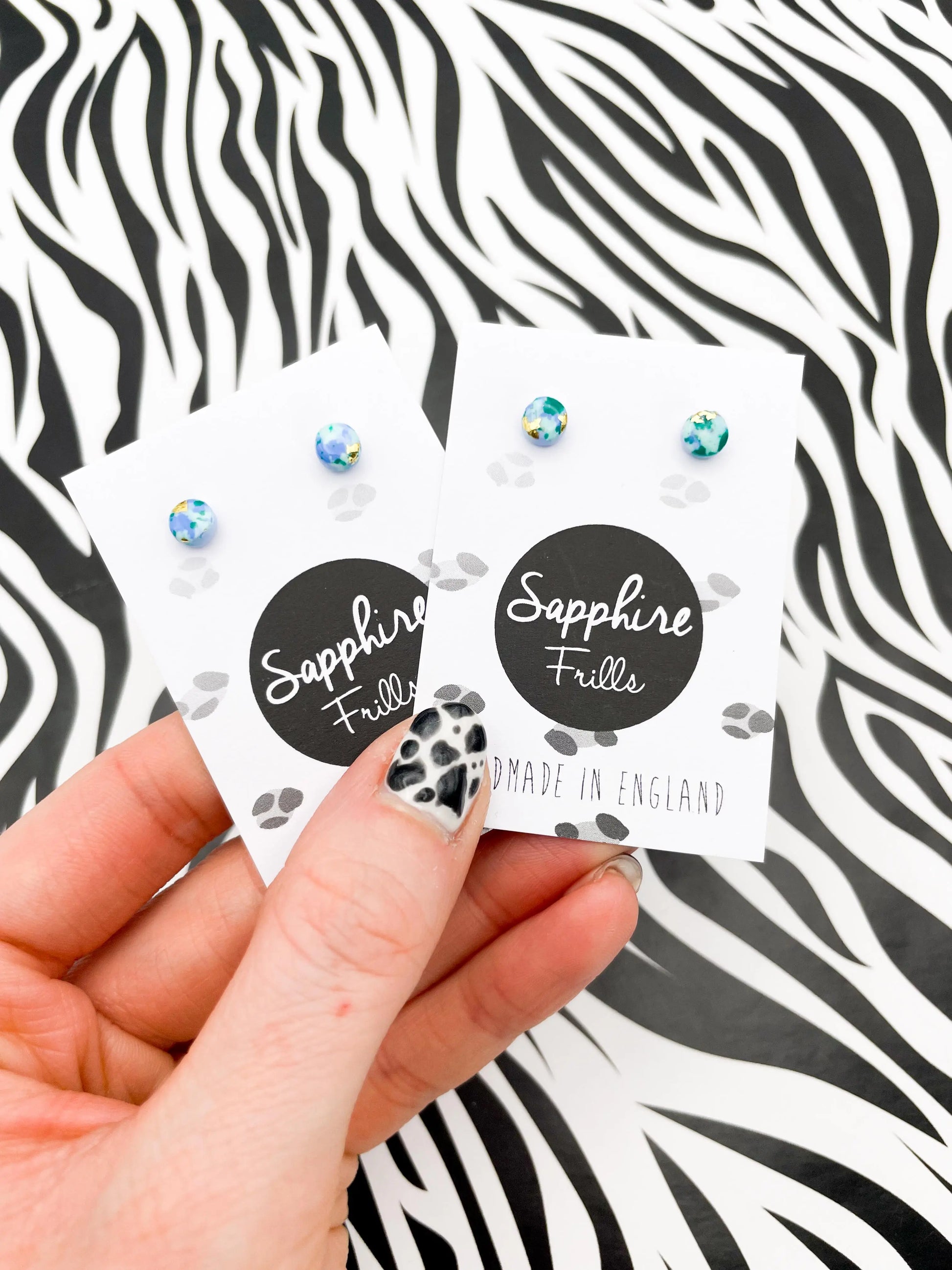 Micro Cornflour Blue, Green, Mint and Gold Foil Speckle Circle Stud Earrings from Sapphire Frills